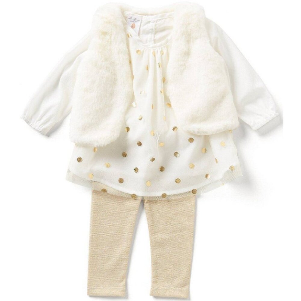 Starting Out White & Gold Sparkle 3PC Set, Faux Fur Vest, Shirt, & Leggings, NWT